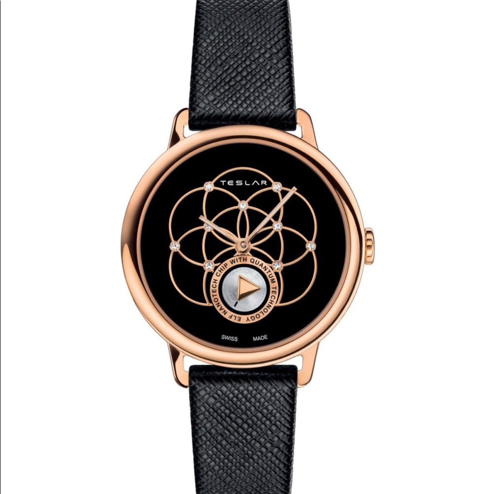 Teslar Seed of Life Diamond Black Leather Watch